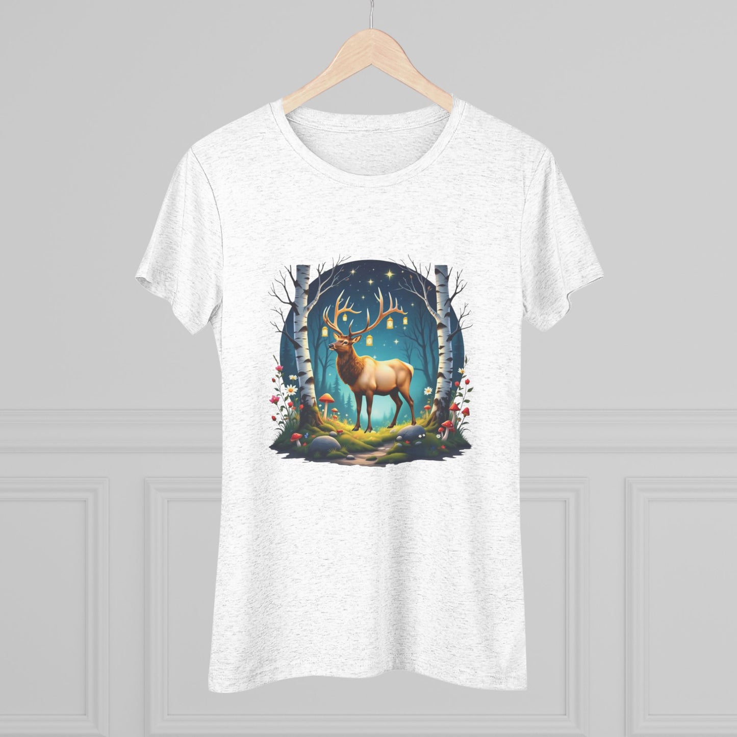 Nordic Elk in a Fairy Grove – Women's Tri-Blend Fantasy Folk Art Tee