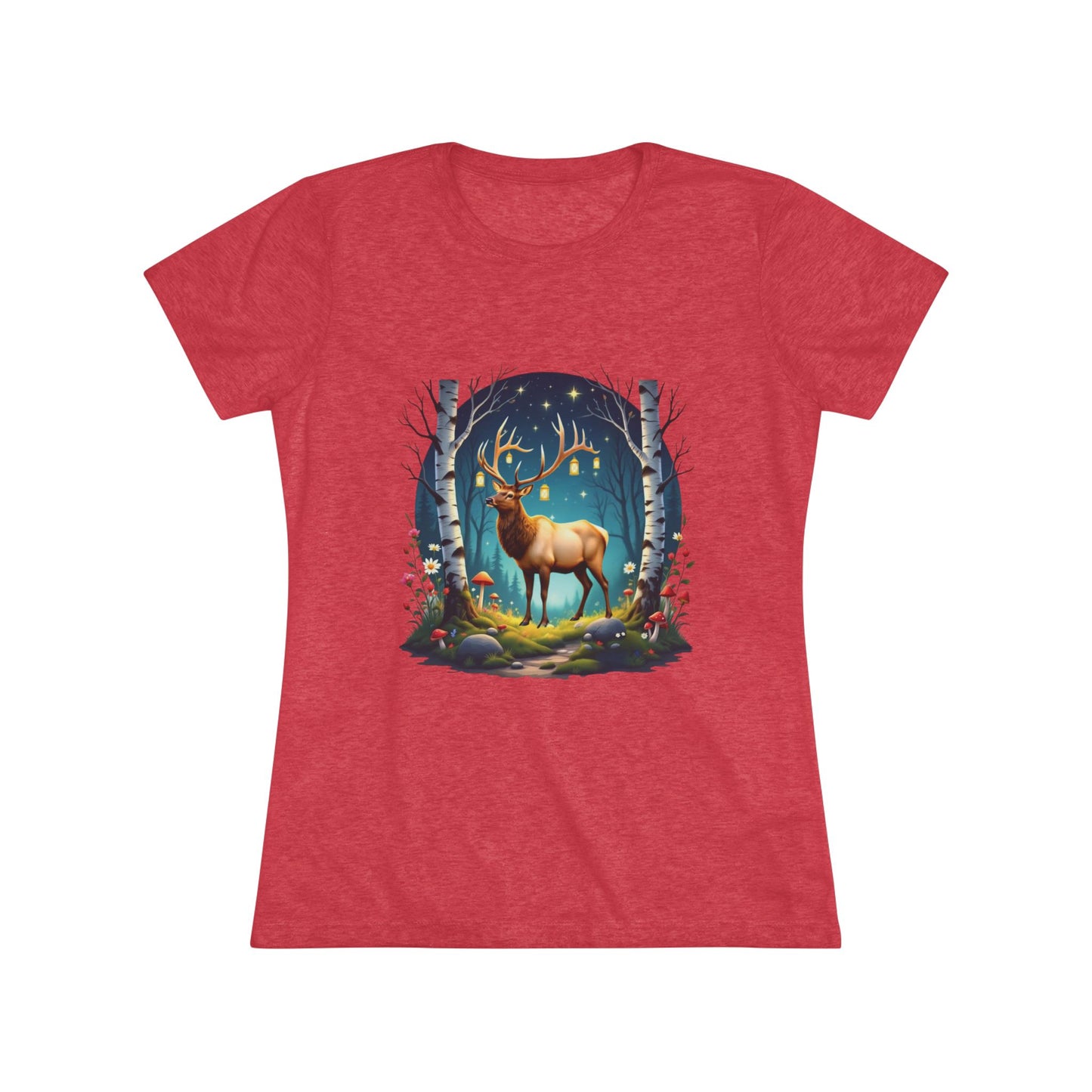 Nordic Elk in a Fairy Grove – Women's Tri-Blend Fantasy Folk Art Tee