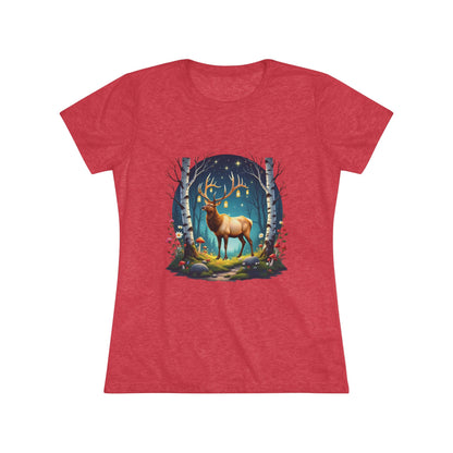 Nordic Elk in a Fairy Grove – Women's Tri-Blend Fantasy Folk Art Tee