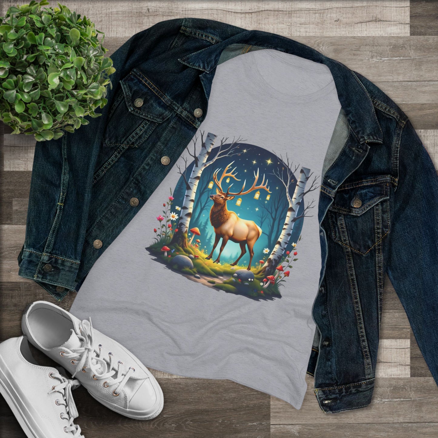Nordic Elk in a Fairy Grove – Women's Tri-Blend Fantasy Folk Art Tee
