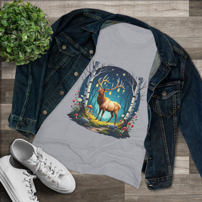 Nordic Elk in a Fairy Grove – Women's Tri-Blend Fantasy Folk Art Tee