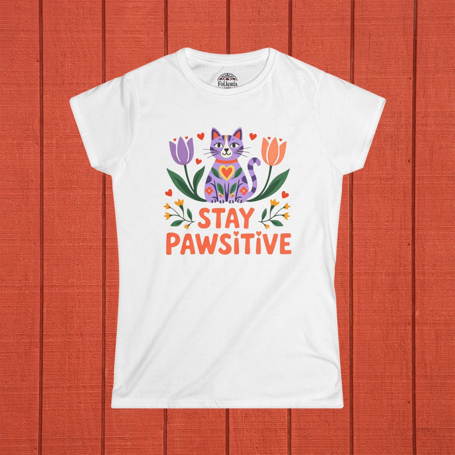 Stay Pawsitive Cat Folk Art Women's Softstyle Tee