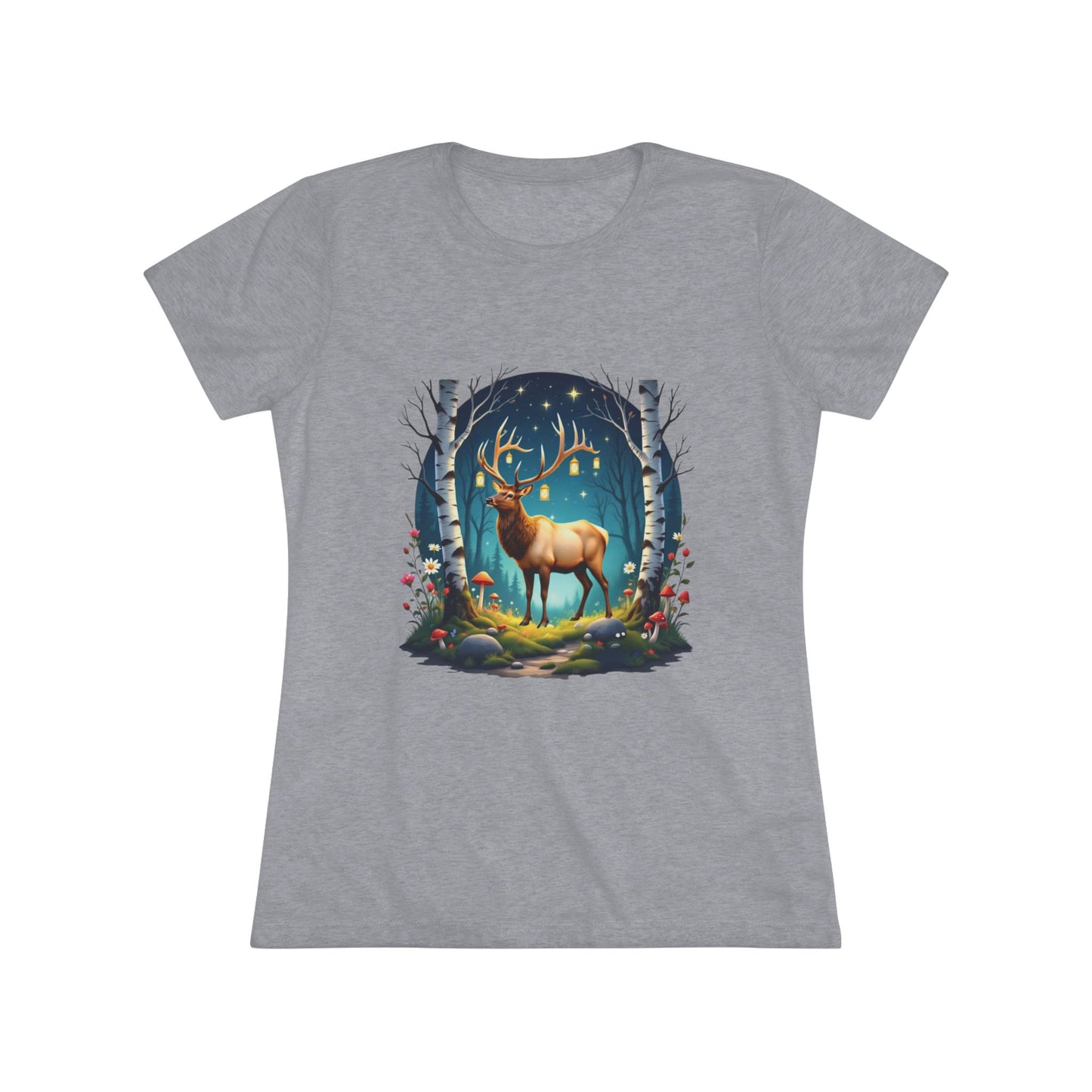Nordic Elk in a Fairy Grove – Women's Tri-Blend Fantasy Folk Art Tee
