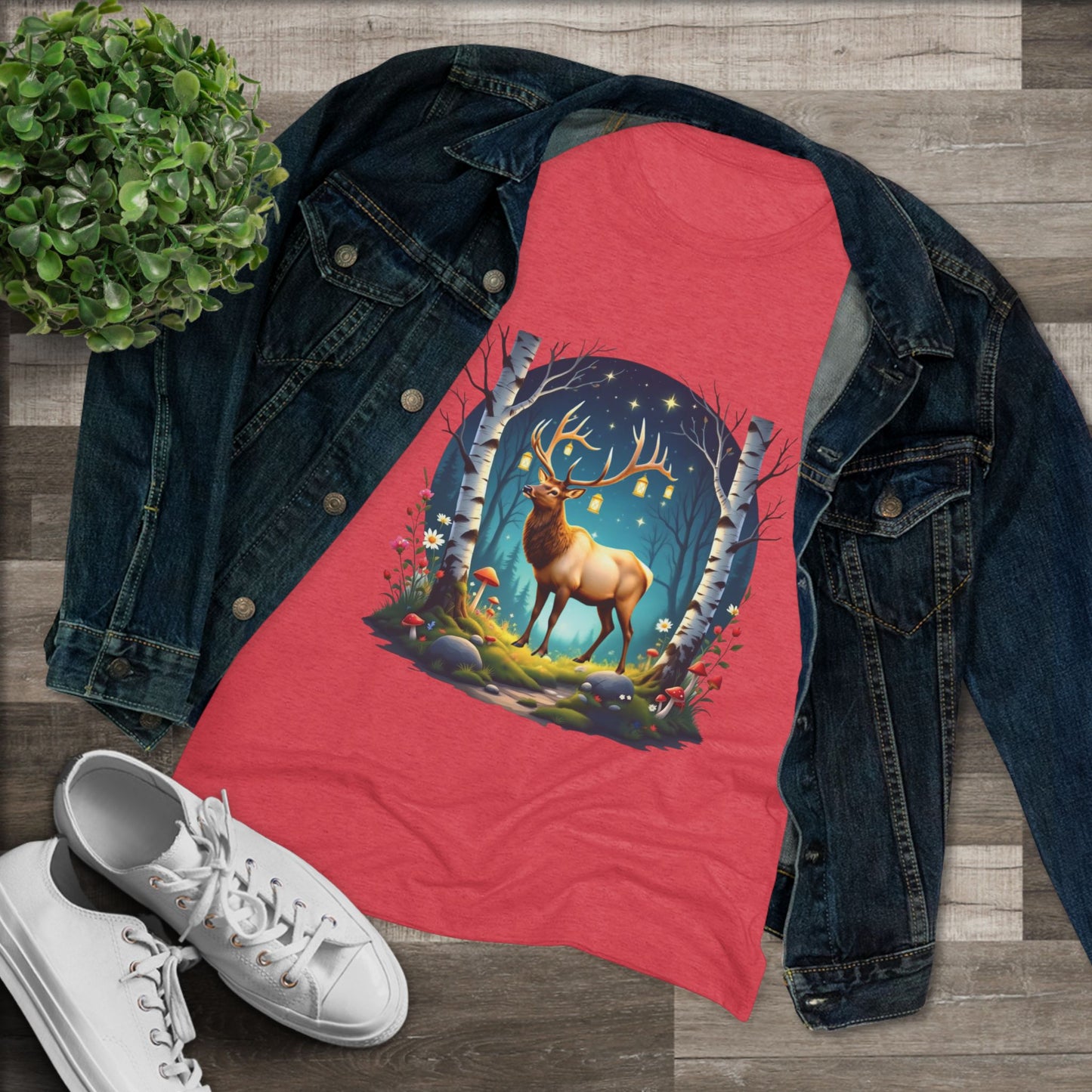 Nordic Elk in a Fairy Grove – Women's Tri-Blend Fantasy Folk Art Tee