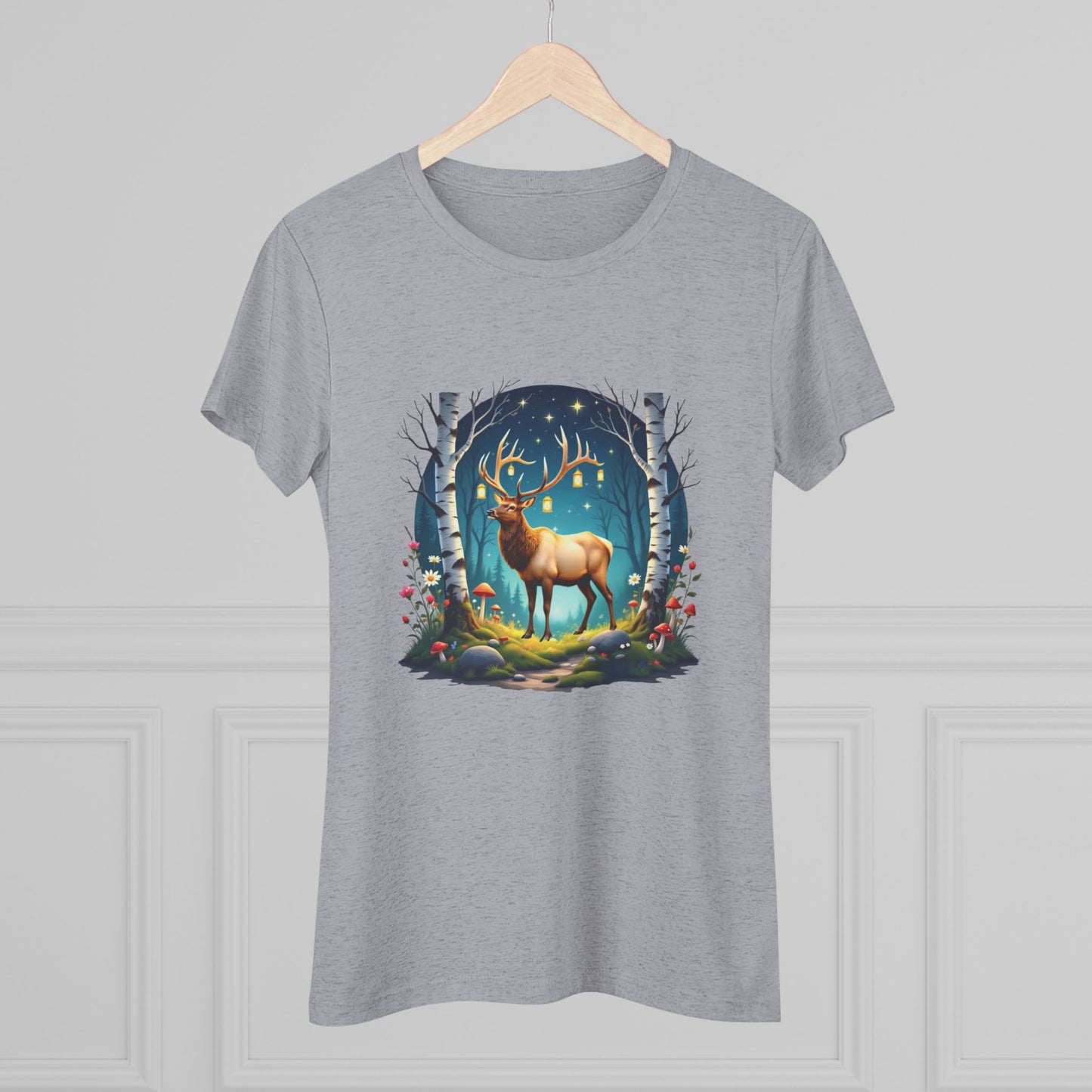 Nordic Elk in a Fairy Grove – Women's Tri-Blend Fantasy Folk Art Tee