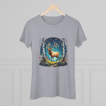 Nordic Elk in a Fairy Grove – Women's Tri-Blend Fantasy Folk Art Tee