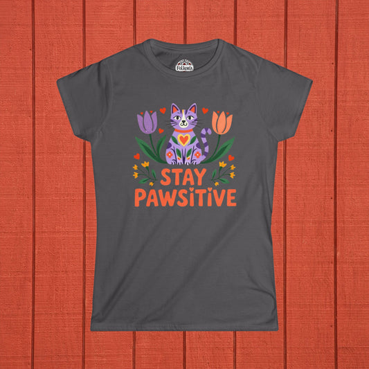 Stay Pawsitive Cat Folk Art Women's Softstyle Tee
