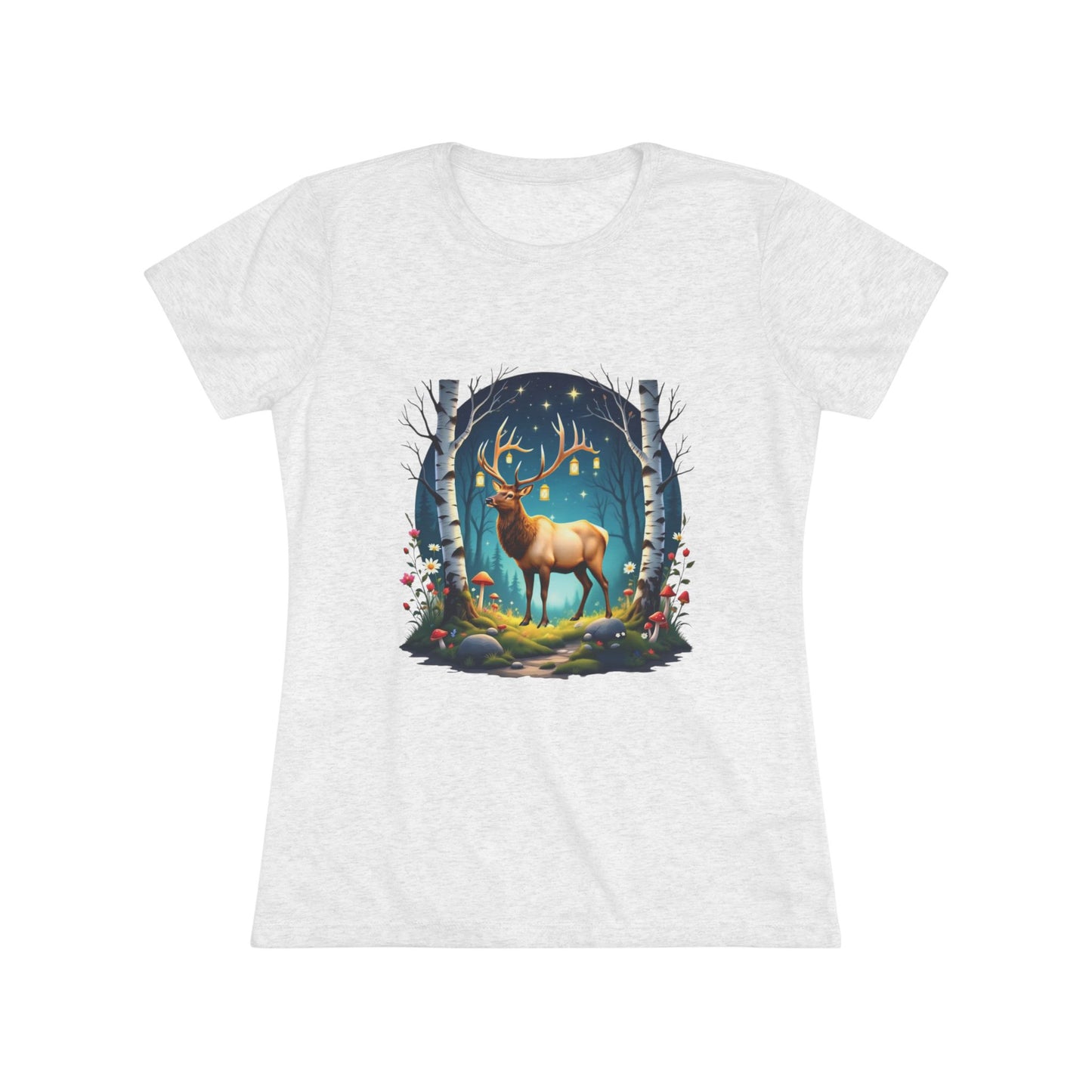 Nordic Elk in a Fairy Grove – Women's Tri-Blend Fantasy Folk Art Tee