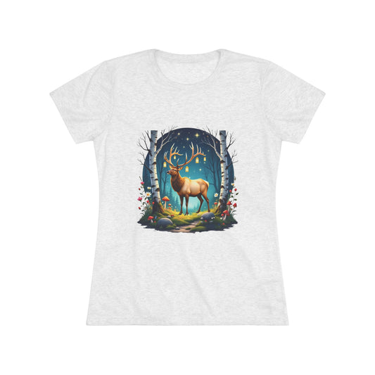 Nordic Elk in a Fairy Grove – Women's Tri-Blend Fantasy Folk Art Tee