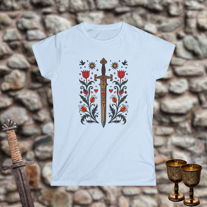 Sword Flower Women's Softstyle Tee, Floral Graphic Shirt for Renaissance Fair, Casual Wear, Gift for Her, Festival Apparel