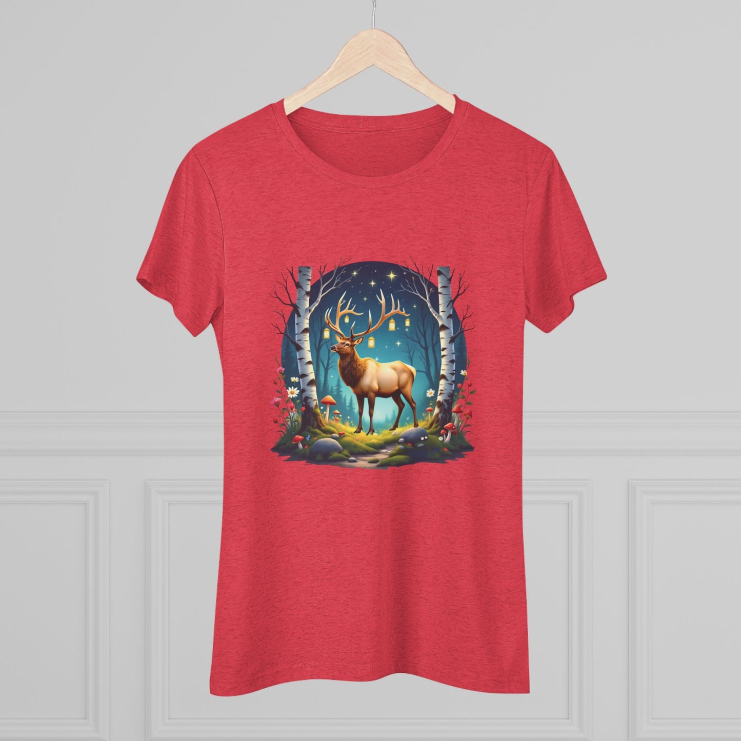 Nordic Elk in a Fairy Grove – Women's Tri-Blend Fantasy Folk Art Tee