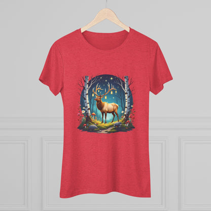 Nordic Elk in a Fairy Grove – Women's Tri-Blend Fantasy Folk Art Tee
