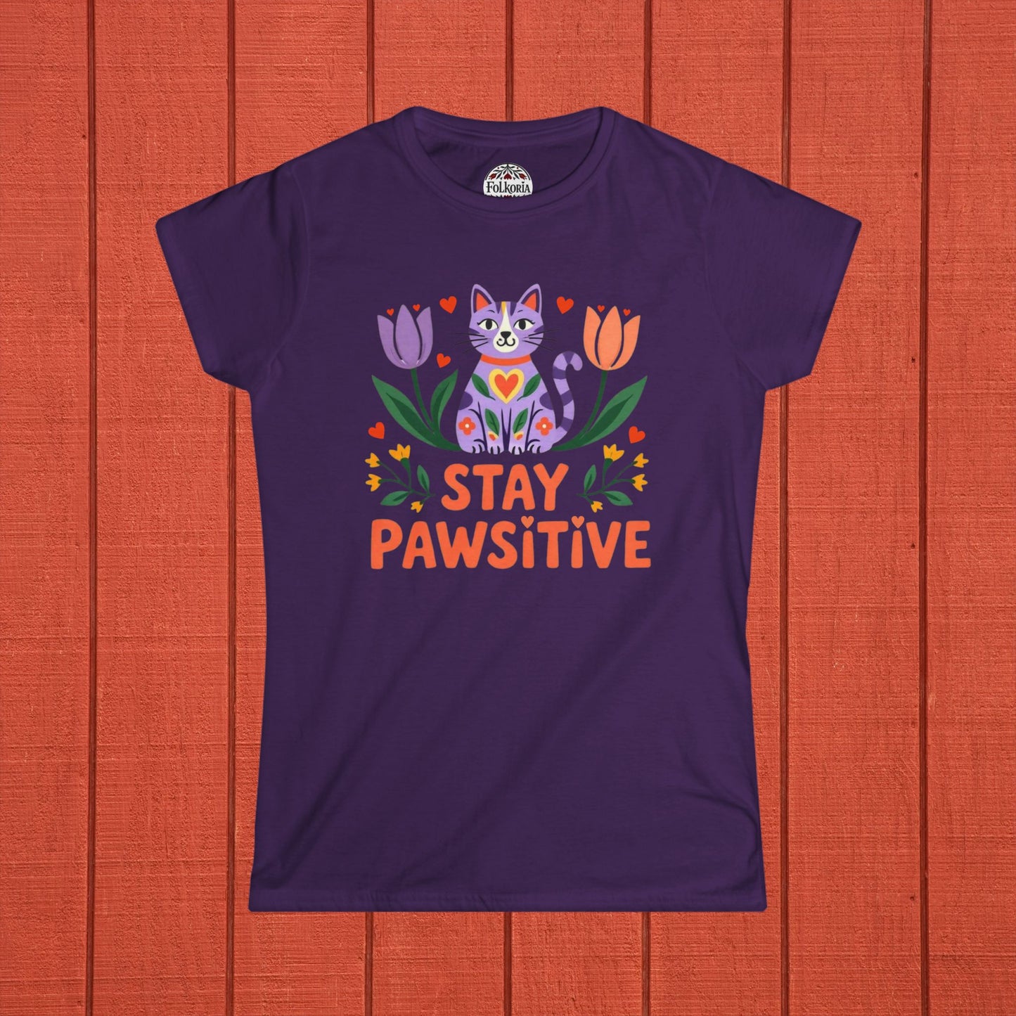 Stay Pawsitive Cat Folk Art Women's Softstyle Tee