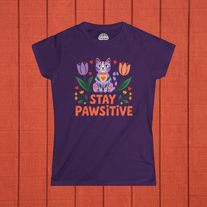 Stay Pawsitive Cat Folk Art Women's Softstyle Tee