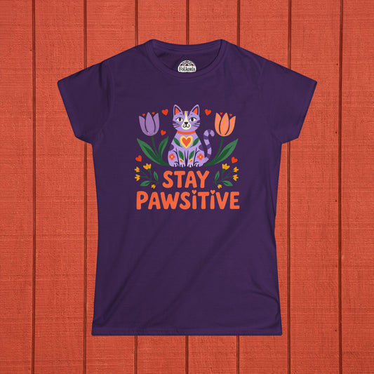 Stay Pawsitive Cat Folk Art Women's Softstyle Tee