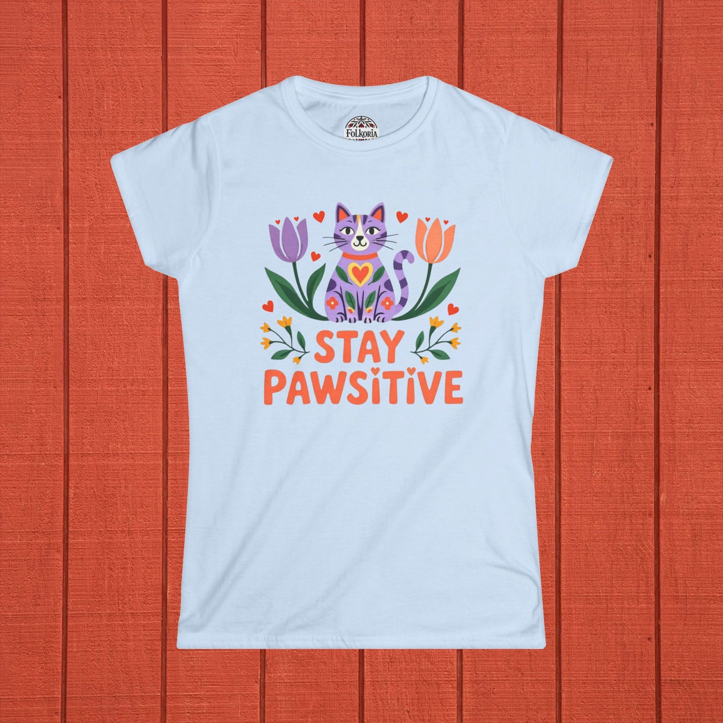 Stay Pawsitive Cat Folk Art Women's Softstyle Tee