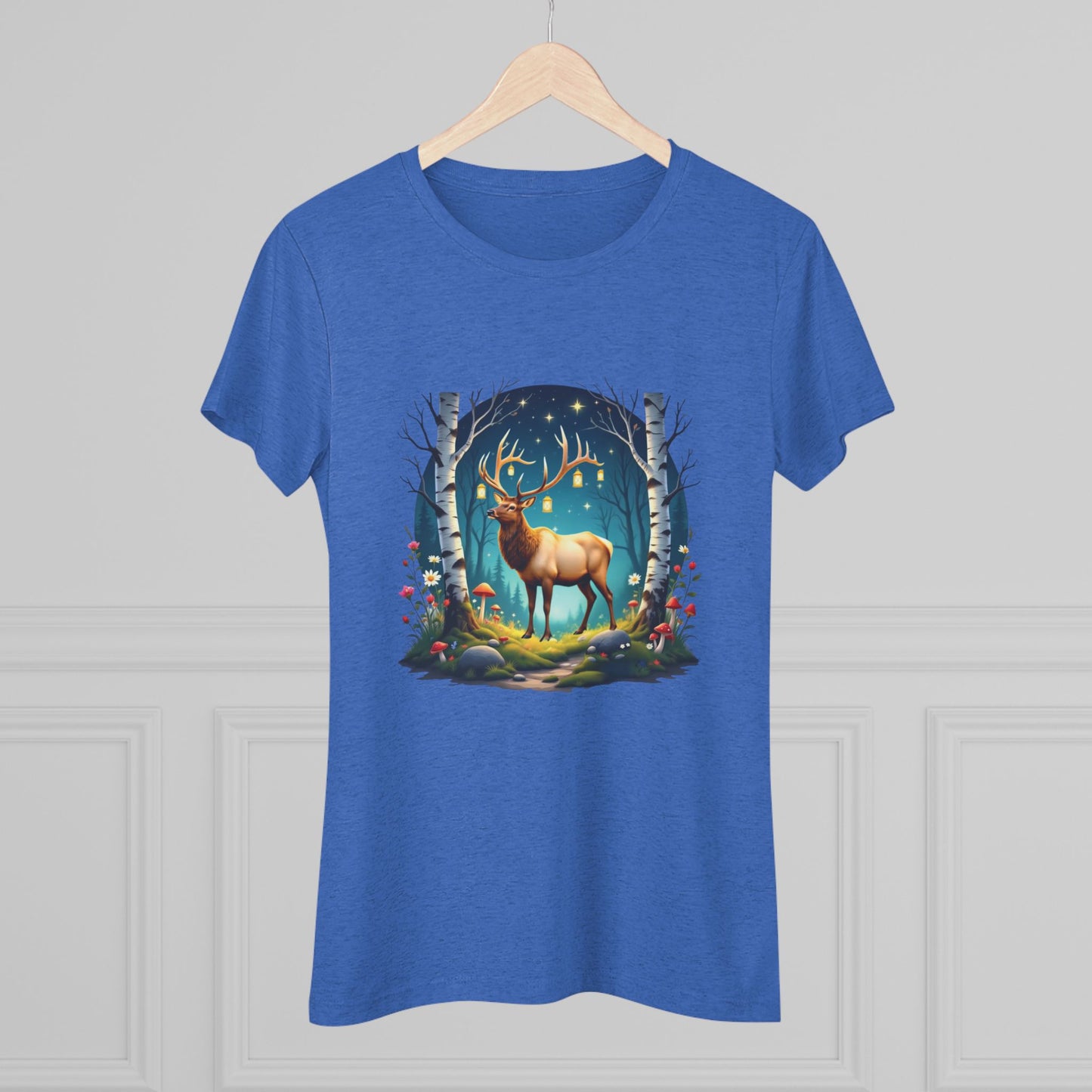 Nordic Elk in a Fairy Grove – Women's Tri-Blend Fantasy Folk Art Tee