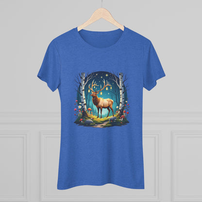 Nordic Elk in a Fairy Grove – Women's Tri-Blend Fantasy Folk Art Tee