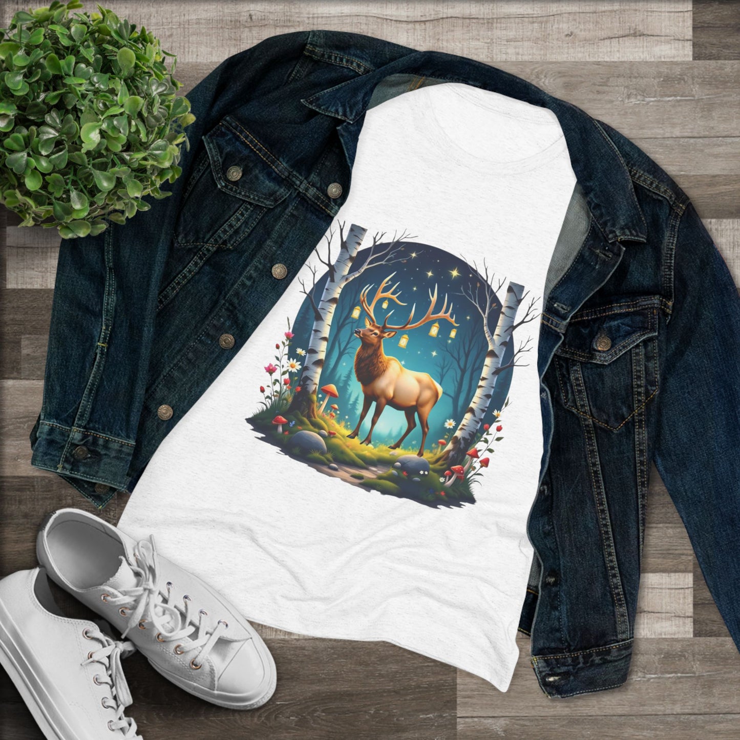 Nordic Elk in a Fairy Grove – Women's Tri-Blend Fantasy Folk Art Tee