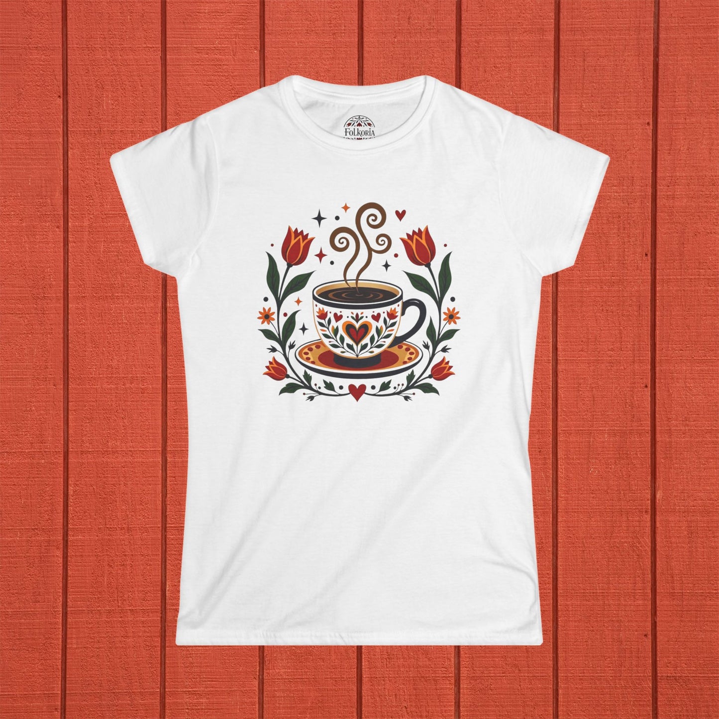 Hot Coffee Folk Art Women's Softstyle Tee