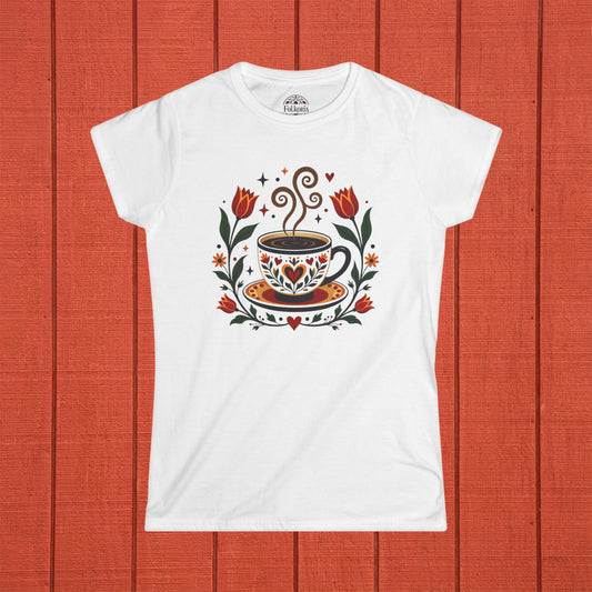 Hot Coffee Folk Art Women's Softstyle Tee