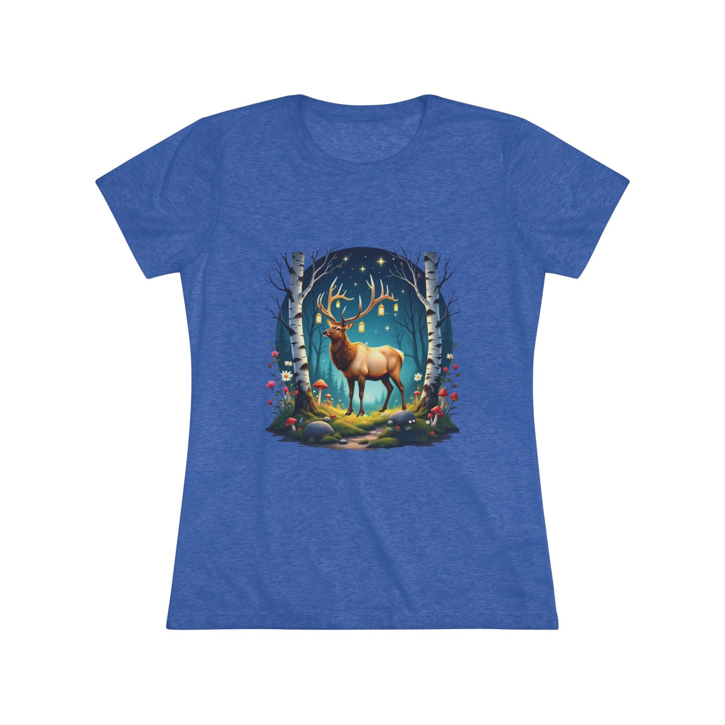 Nordic Elk in a Fairy Grove – Women's Tri-Blend Fantasy Folk Art Tee