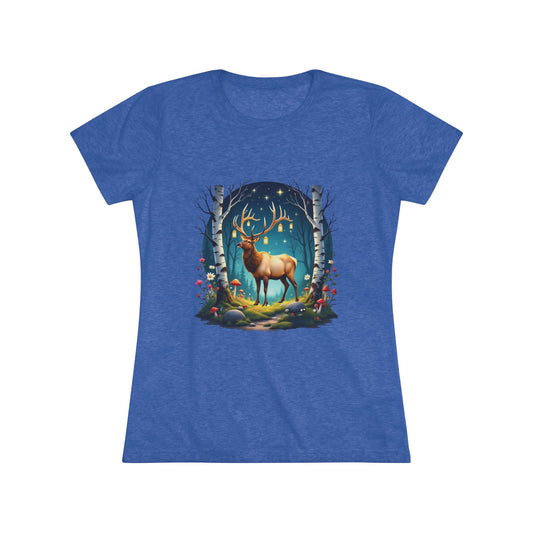 Nordic Elk in a Fairy Grove – Women's Tri-Blend Fantasy Folk Art Tee